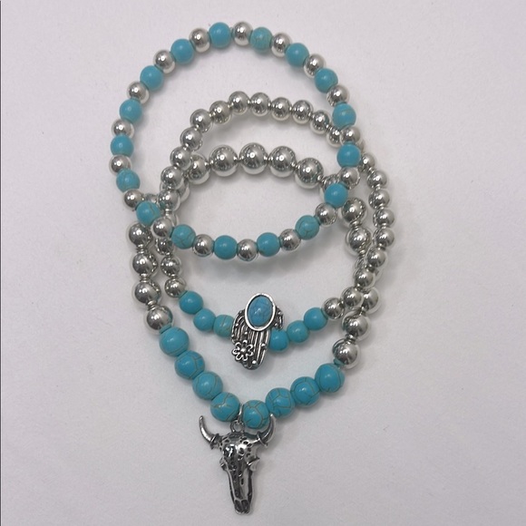 Jewelry - Silver and Turquoise Beaded Bracelet Set (3) Stretch NWOT